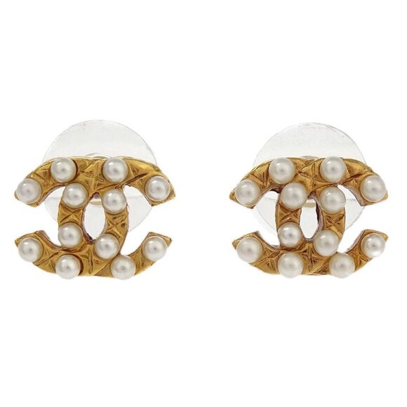Chanel Piercing Earrings Gold CC Artificial Pearl - Picture 1 of 4
